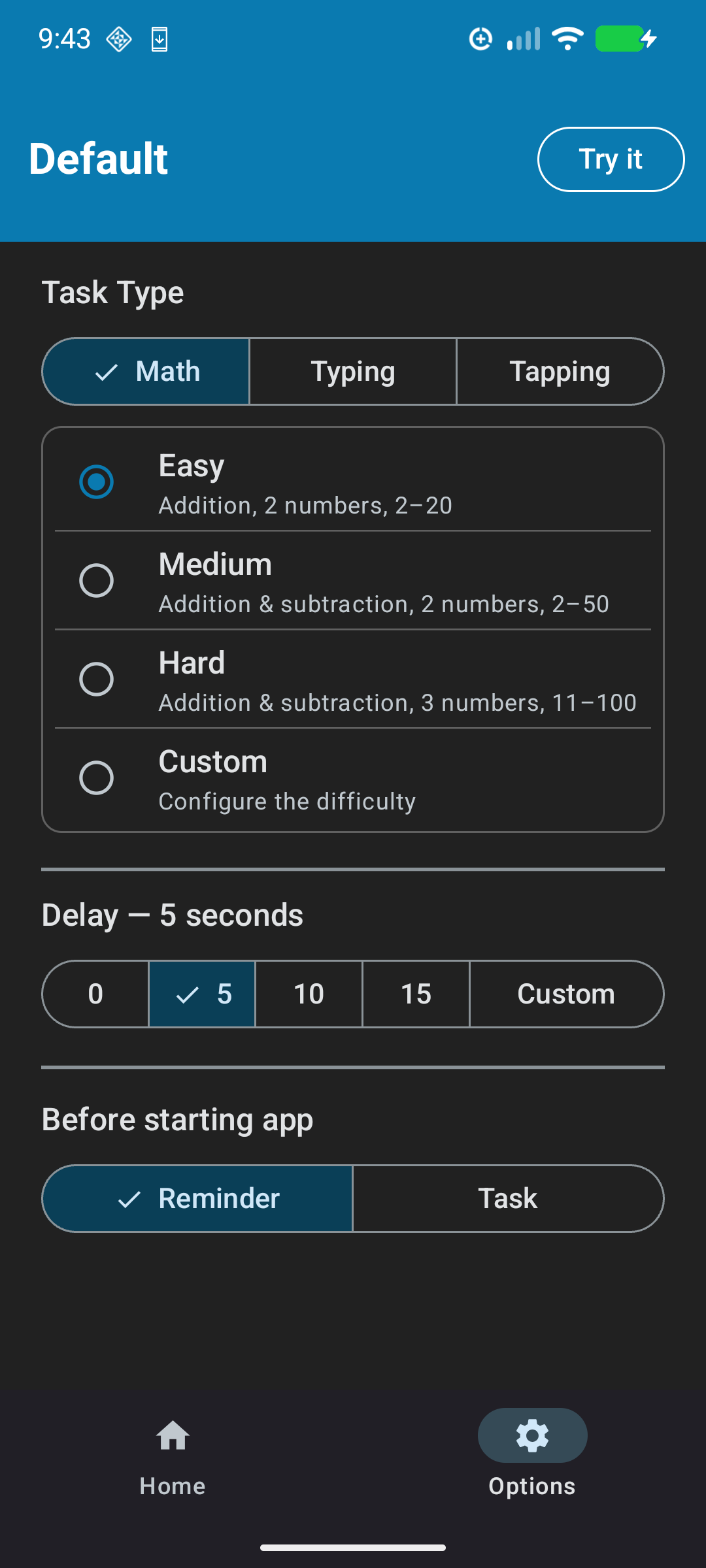 Options and settings