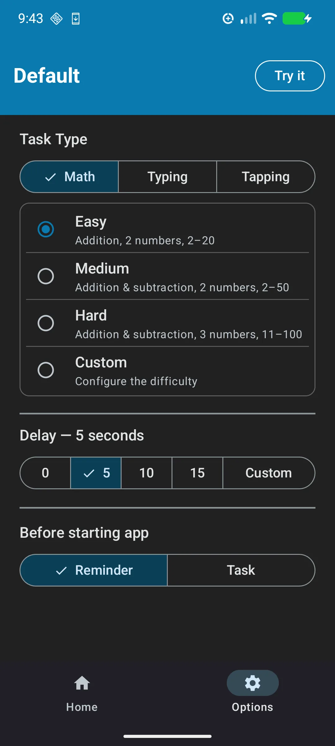 Options and settings